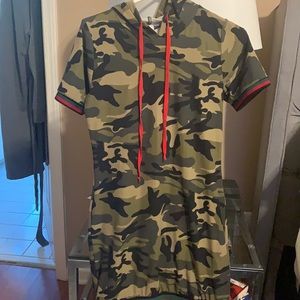 Camo Dress with red and green stripes to sleeve and hem